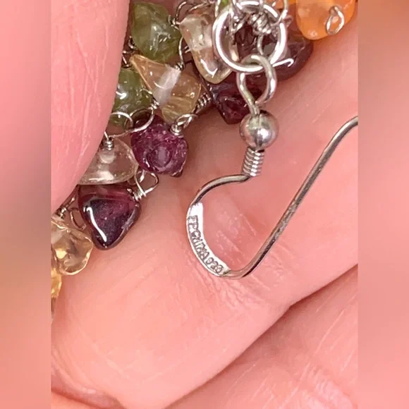 Pretty 925 Sterling Silver Multi Color Gemstone Dangling Earrings - Picture 10 of 12